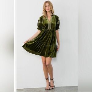 THML Olive Green Velvet Midi Dress with Embroidered Puff Sleeves